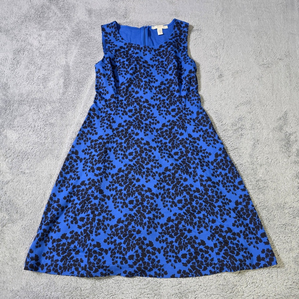 Lark & Ro Womens 8 A-Line Dress Blue Black Floral Sleeveless Scoop Neck Stretch‎